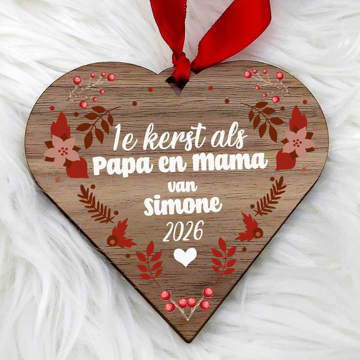 1e kerst als papa en mama - Hart van walnoot hout - Bella Mia