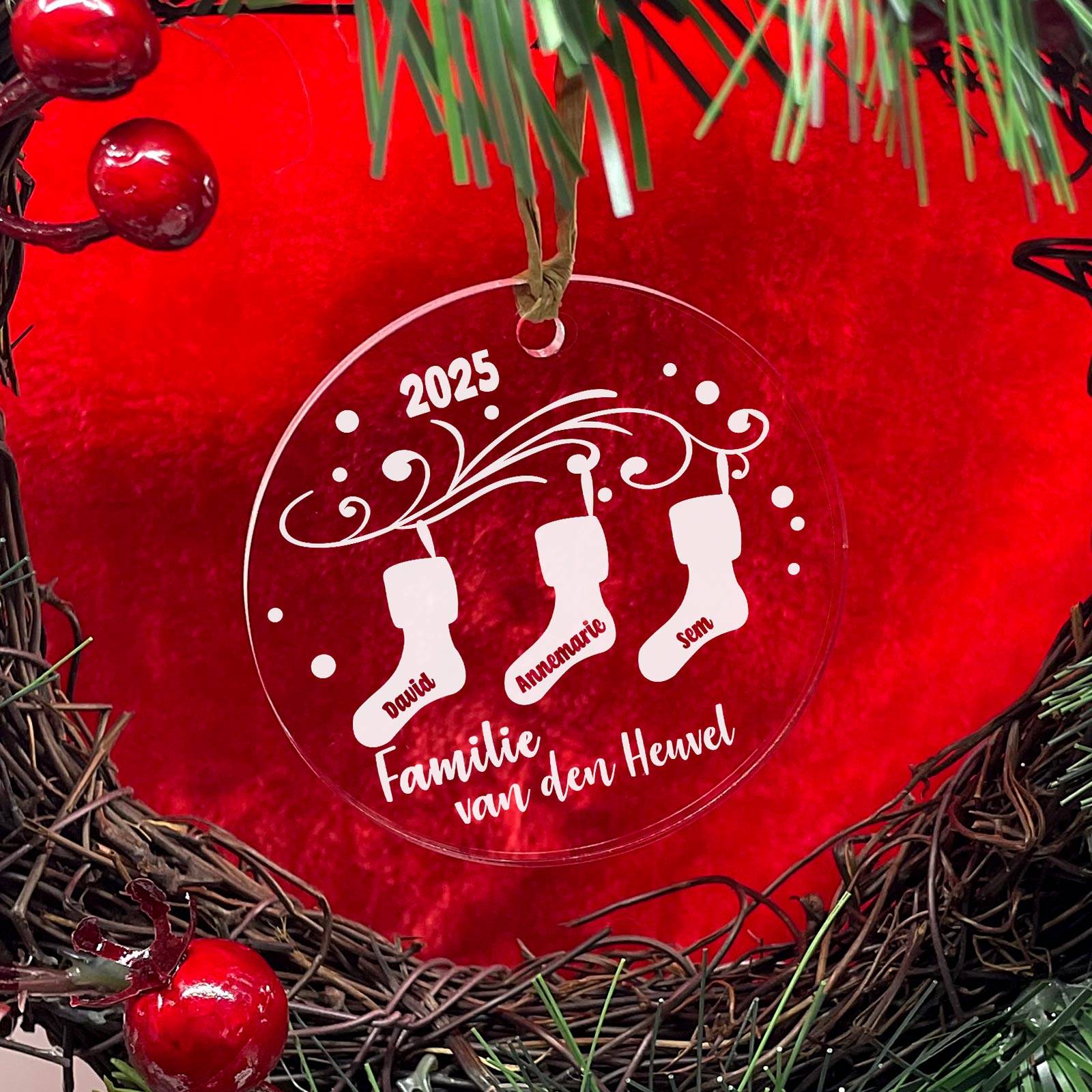 De Familie Kerst Sokken Plexiglas Kerstbal - Bella Mia