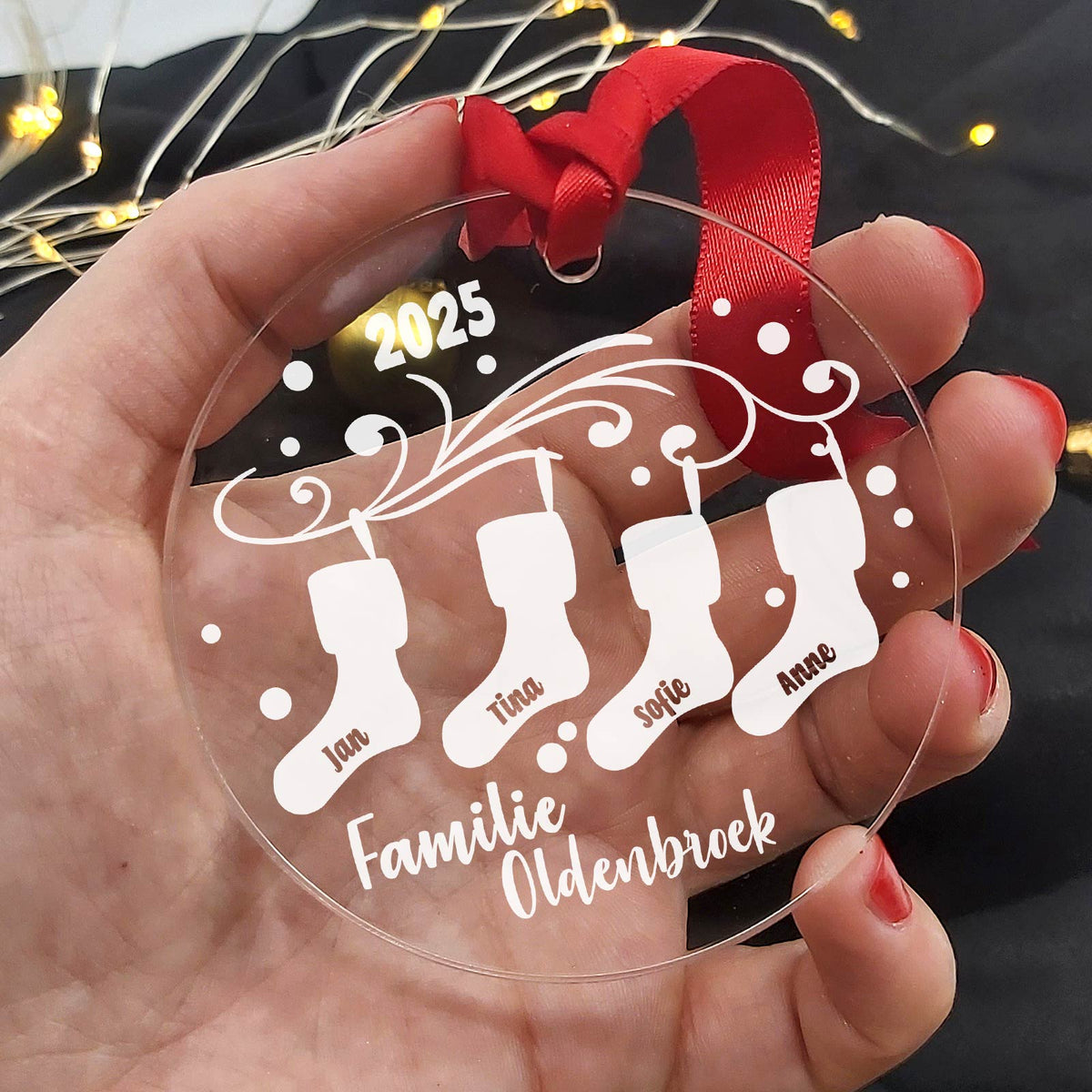 De Familie Kerst Sokken Plexiglas Kerstbal - Bella Mia