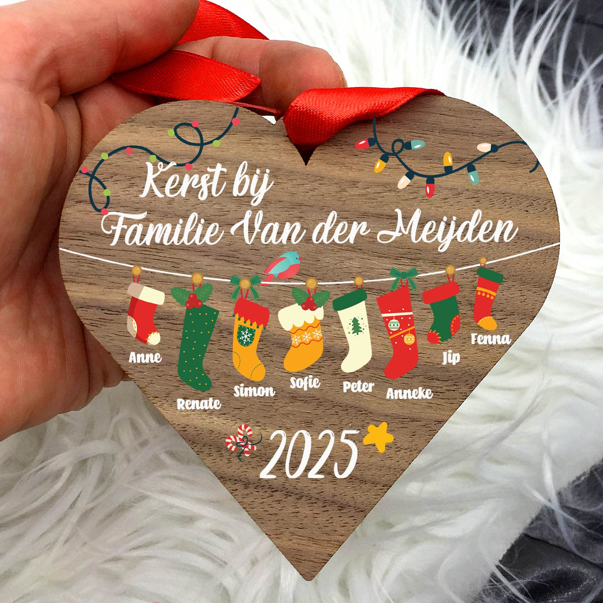 Familie Kerstsokken - Kerstbal van walnoot hout - Bella Mia