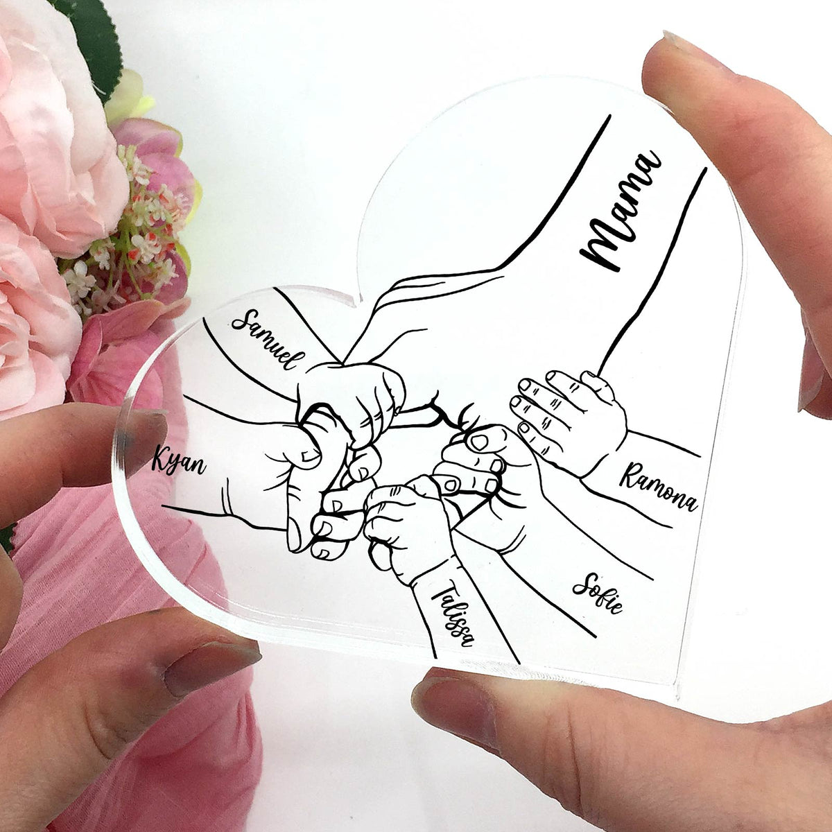 Familiehanden Op Plexi Glas Hart - Bella Mia