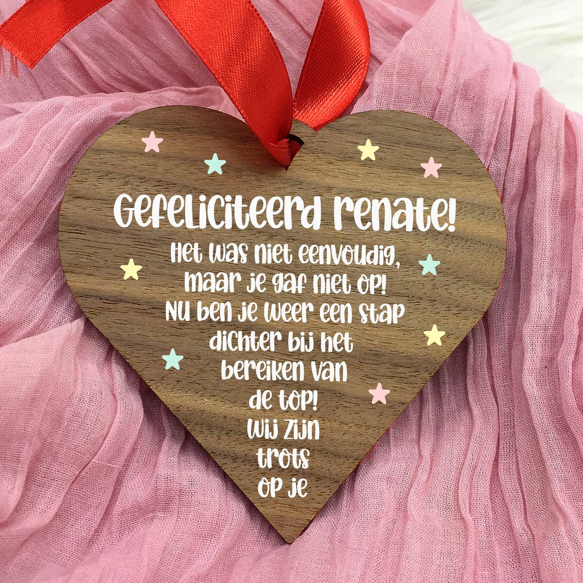 Gefeliciteerd Geslaagd! - Hart van walnoot hout - Bella Mia