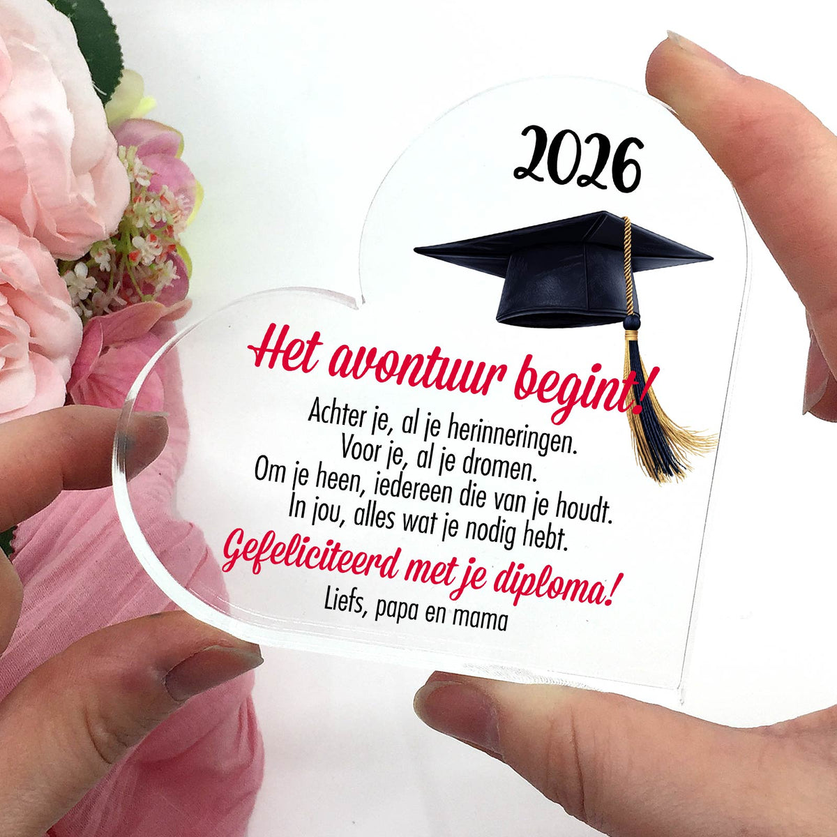 Geslaagd cadeau Het avontuur begint - Plexiglas Hart - Bella Mia