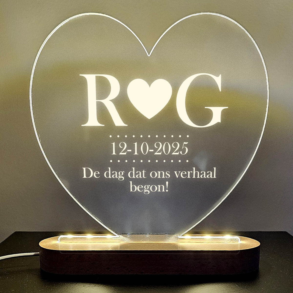 Hart Ledlamp met Initialen en datum - Bella Mia