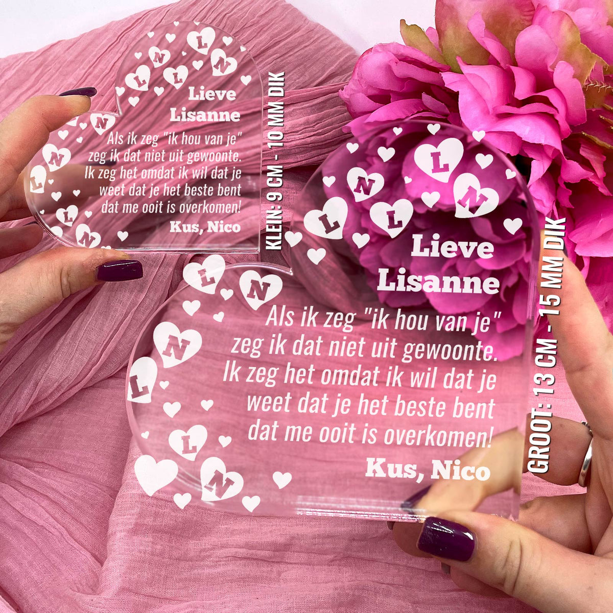 Ik Hou Van Je (innitialen) Hart van Plexi Glas - Bella Mia