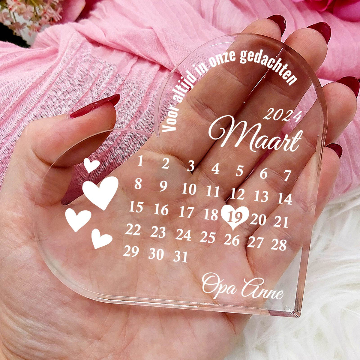 Kalenderhart ter nagedachtenis - Hart van Plexi Glas - Bella Mia