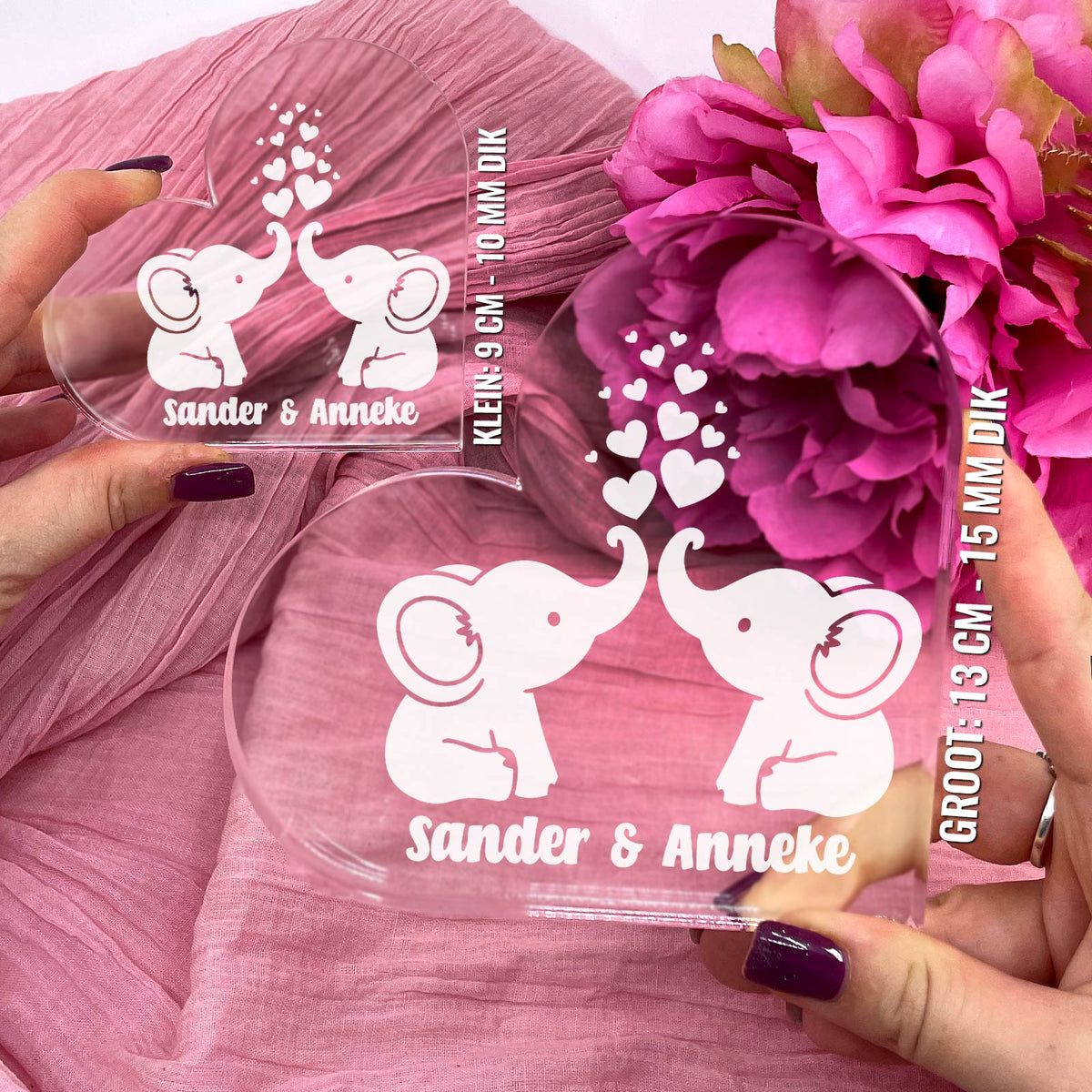 Liefdesolifantjes Hart van Plexi Glas - Bella Mia