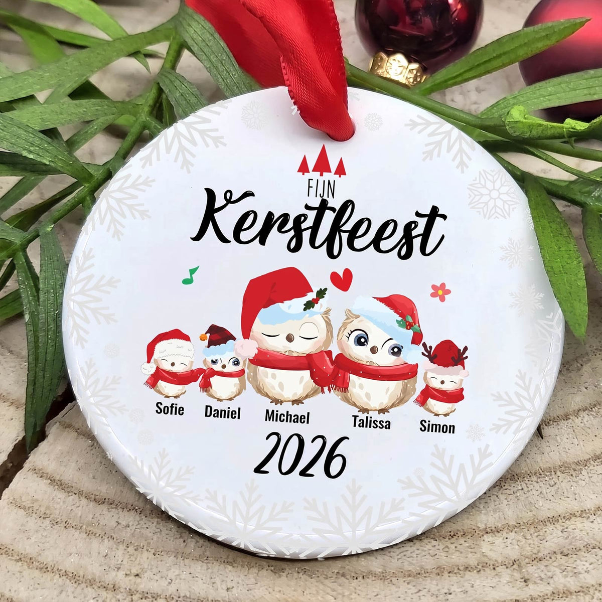Schattige vogelfamilie - Keramische Kerstbal - Bella Mia