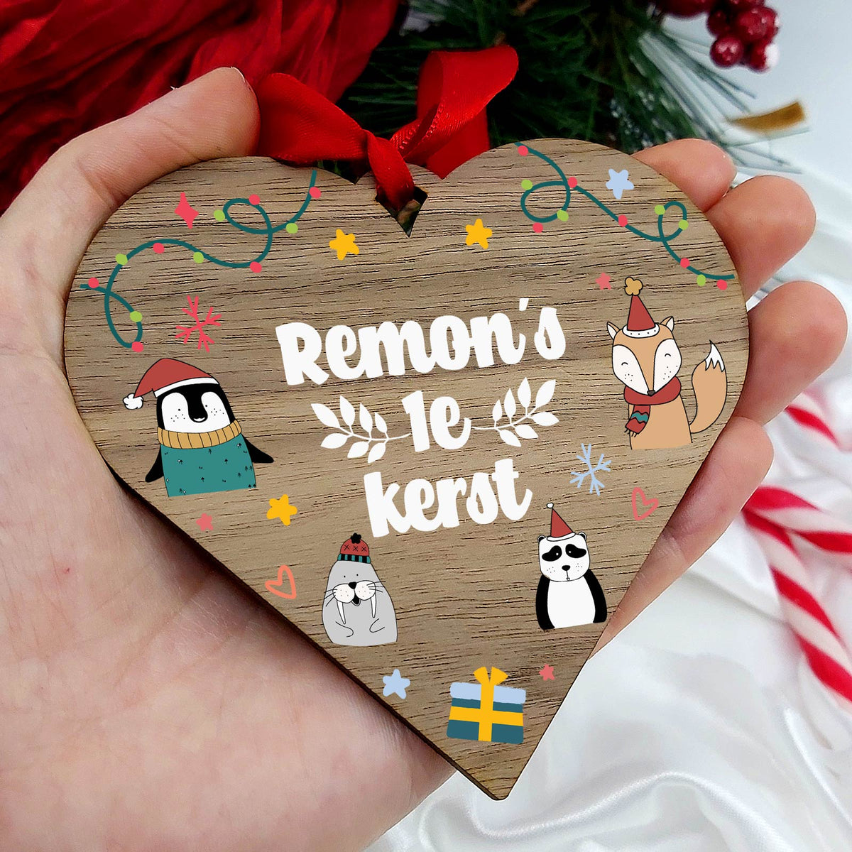 1e kerstmis - Hart van walnoot hout - Bella Mia