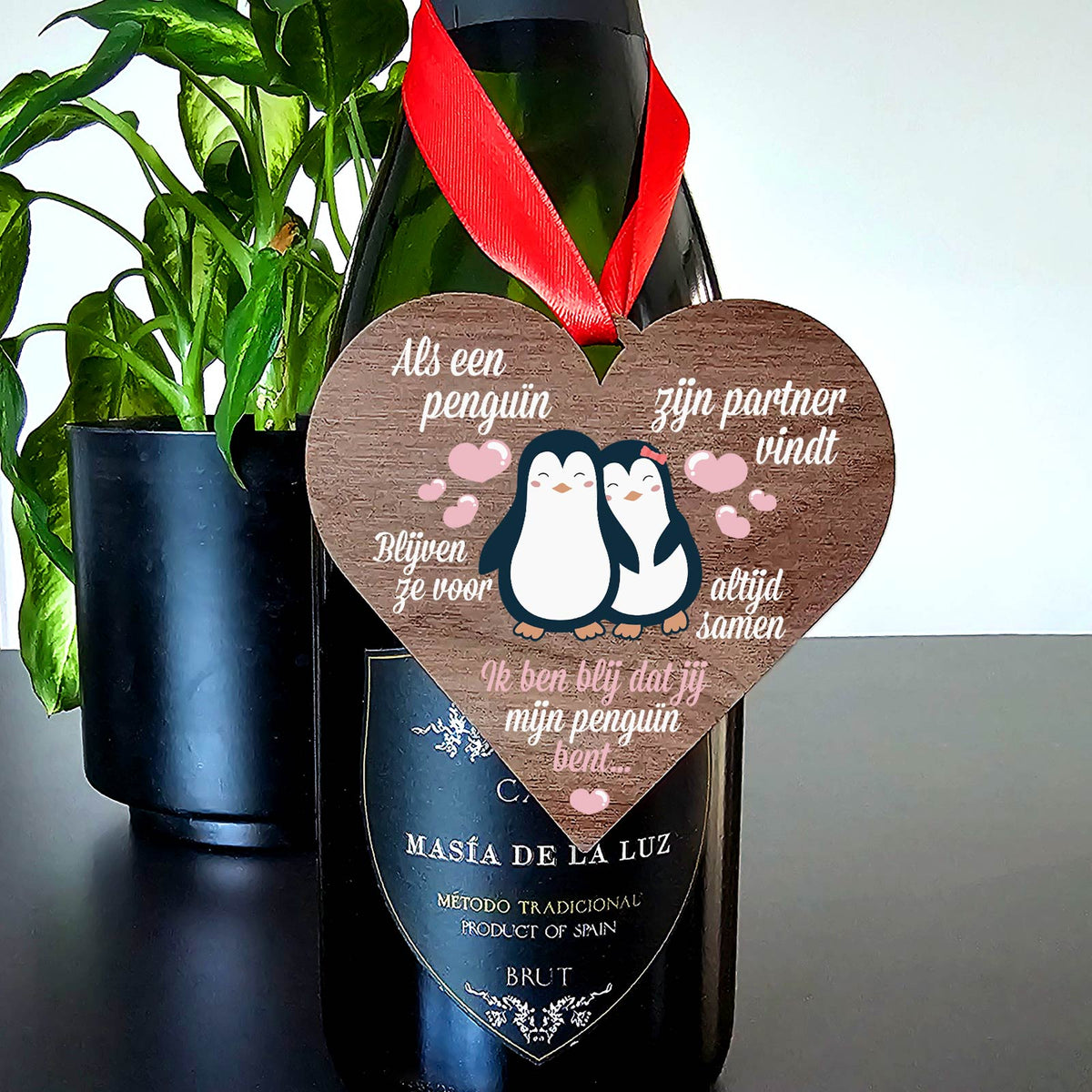 Als Een Penguïn Zijn Partner Vindt - Hart van walnoot hout - Bella Mia