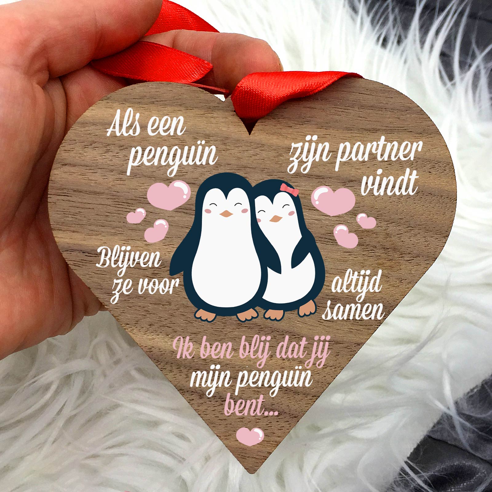 Als Een Penguïn Zijn Partner Vindt - Hart van walnoot hout - Bella Mia