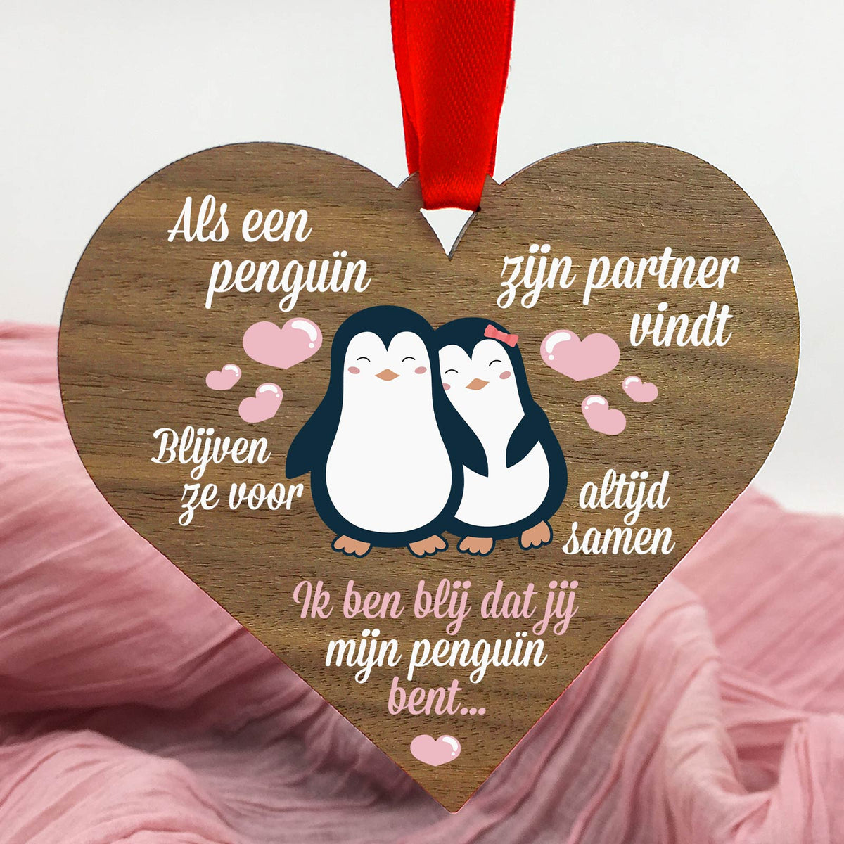 Als Een Penguïn Zijn Partner Vindt - Hart van walnoot hout - Bella Mia