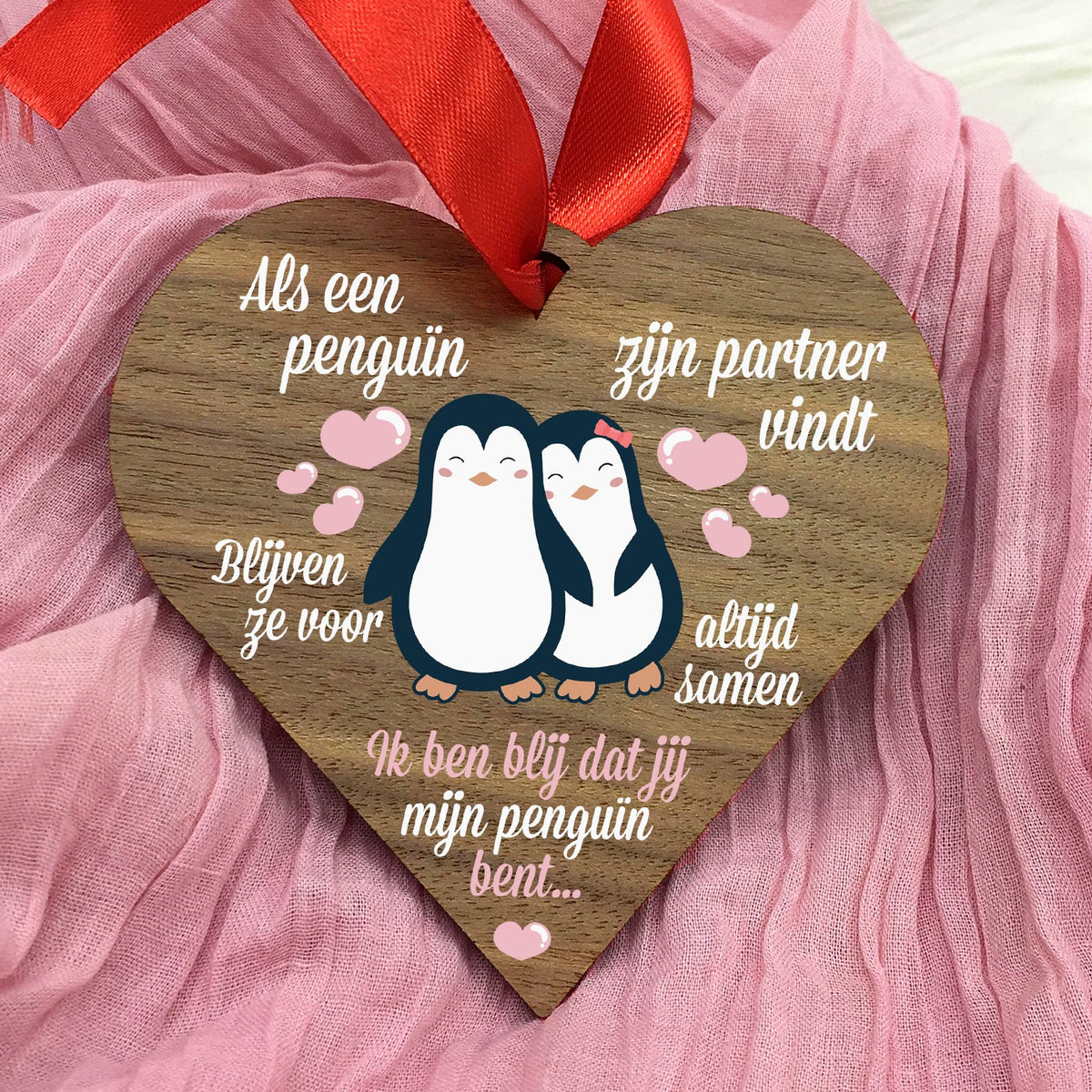 Als Een Penguïn Zijn Partner Vindt - Hart van walnoot hout - Bella Mia