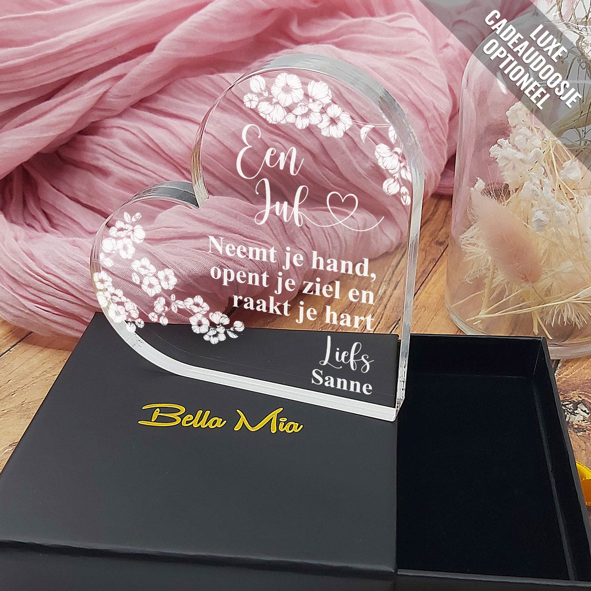 Een Juf Raakt Je Hart - Hart van Plexi Glas - Bella Mia