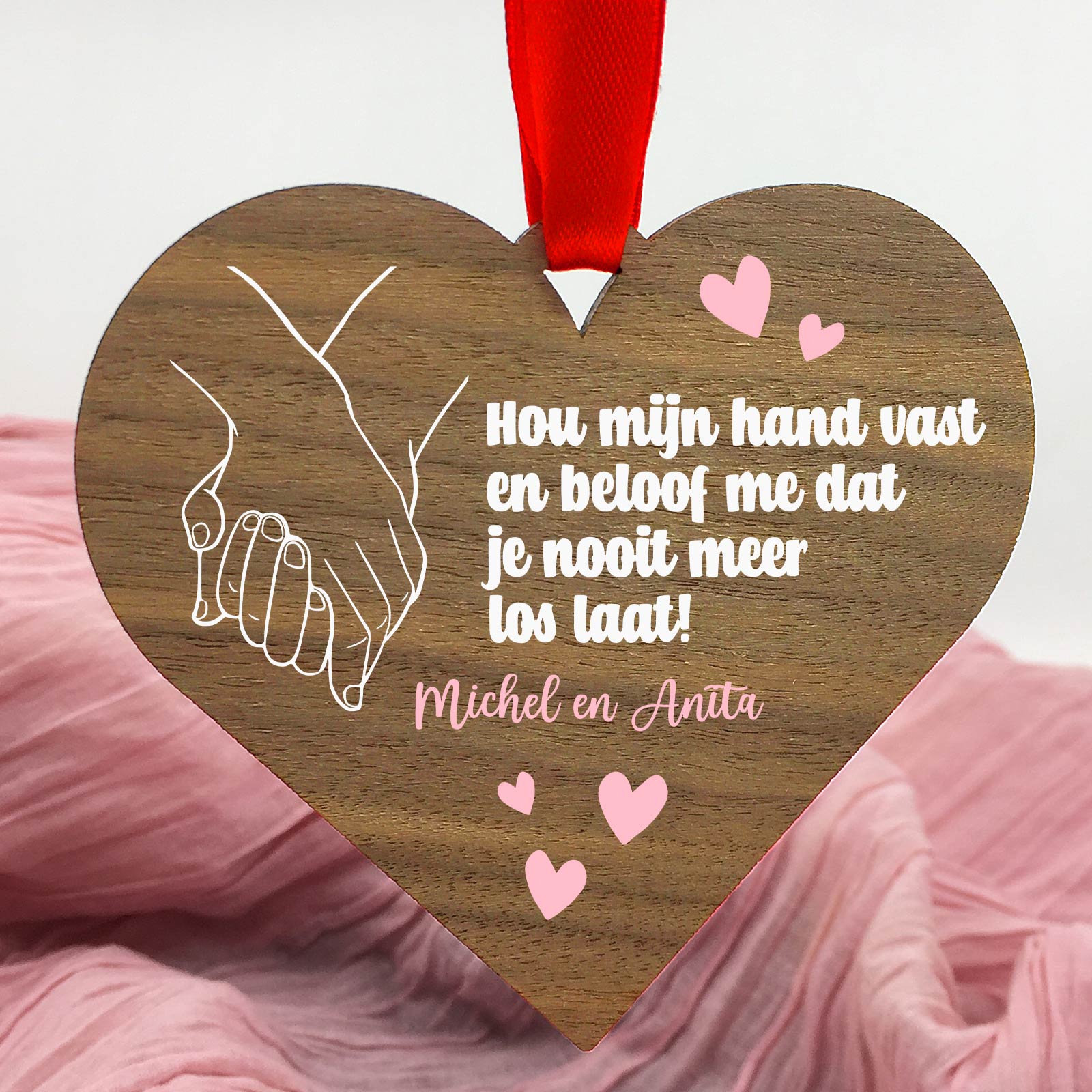 Hou mijn hand vast - Hart van walnoot hout - Bella Mia