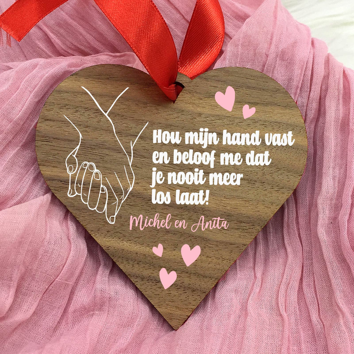 Hou mijn hand vast - Hart van walnoot hout - Bella Mia