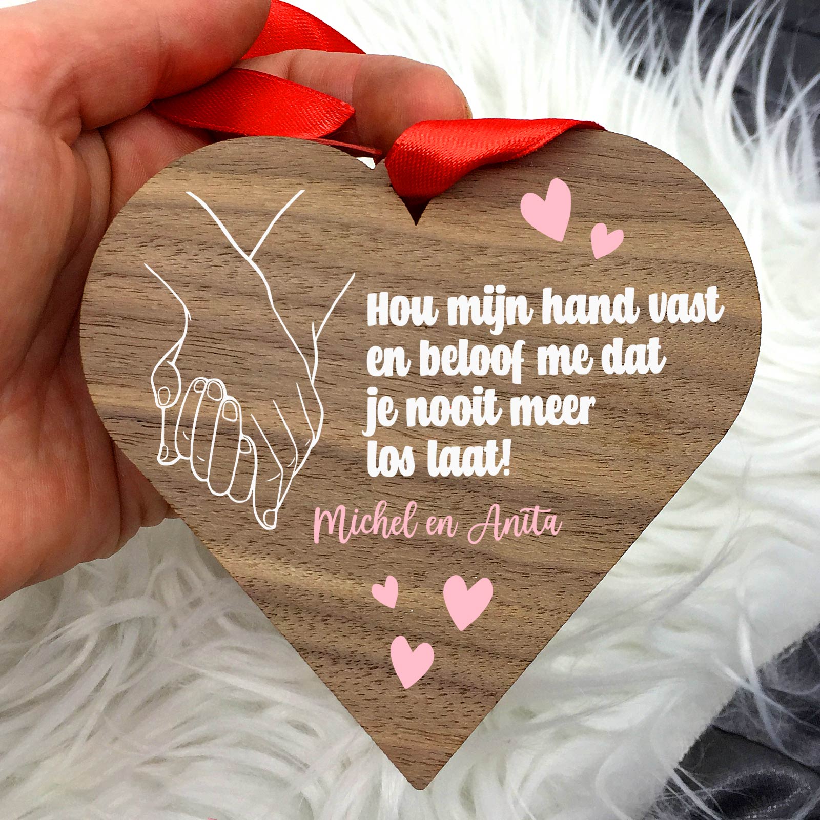 Hou mijn hand vast - Hart van walnoot hout - Bella Mia