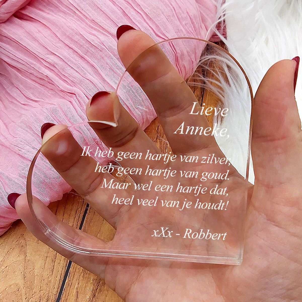 Ik Heb Geen Hartje Van Zilver... Hart van Plexi Glas - Bella Mia