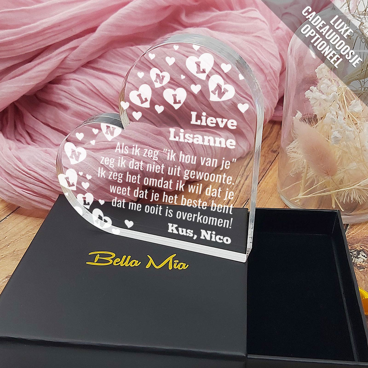 Ik Hou Van Je (innitialen) Hart van Plexi Glas - Bella Mia