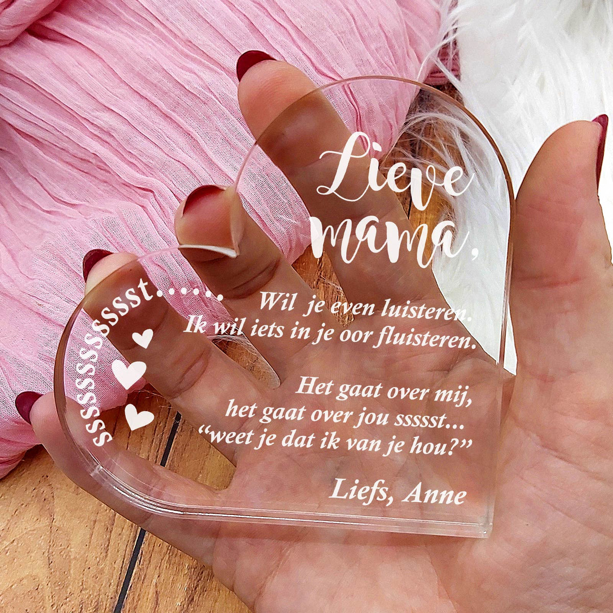 Ik wil iets in je oor fluisteren Hart van Plexiglas - Bella Mia