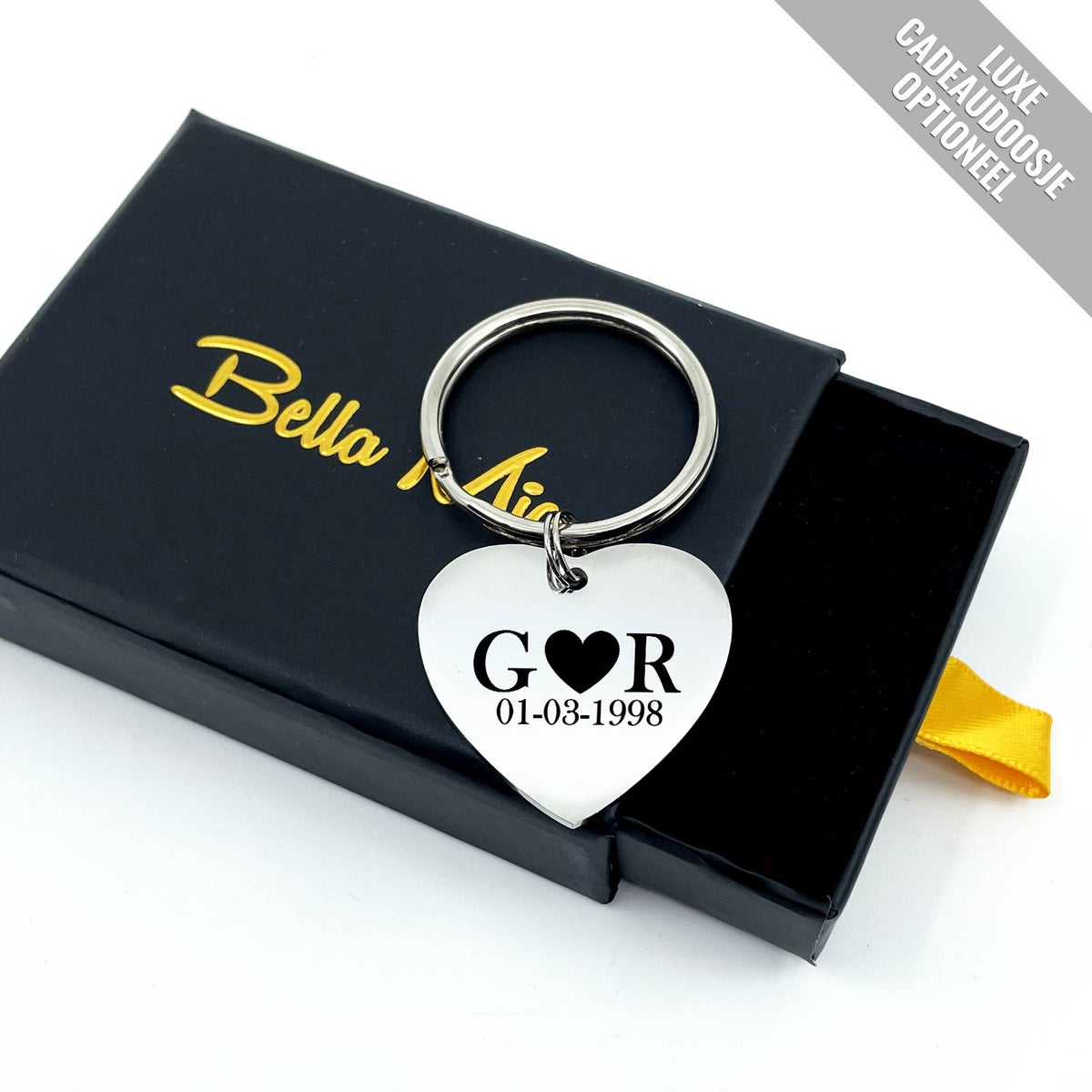 Initialen en Datum - Hart Sleutelhanger - Bella Mia