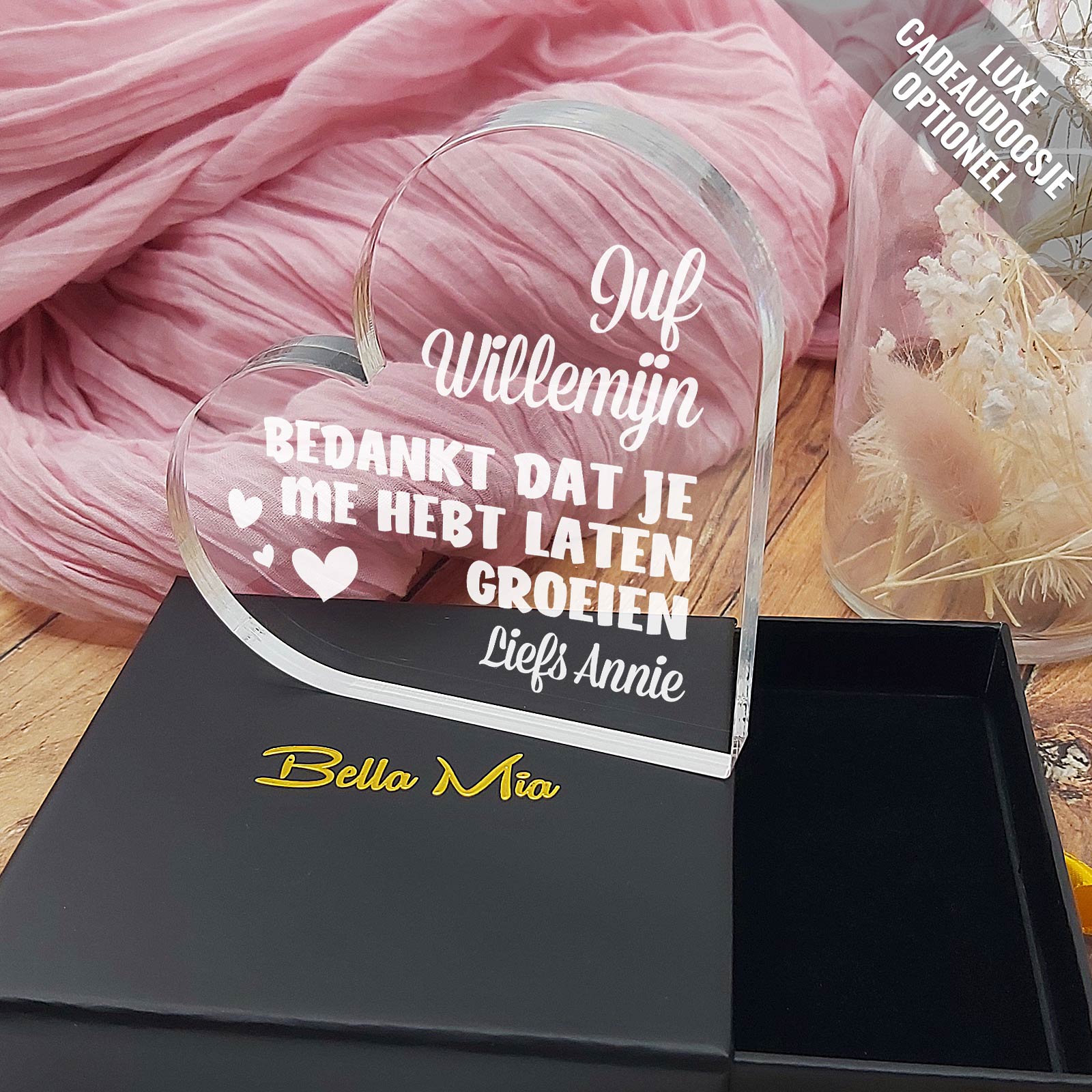 Juf, Bedankt Dat Je Me Hebt Laten Groeien Hart van Plexi Glas - Bella Mia