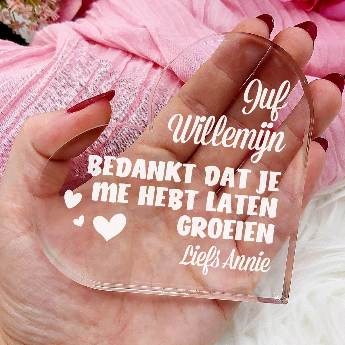 Juf, Bedankt Dat Je Me Hebt Laten Groeien Hart van Plexi Glas - Bella Mia