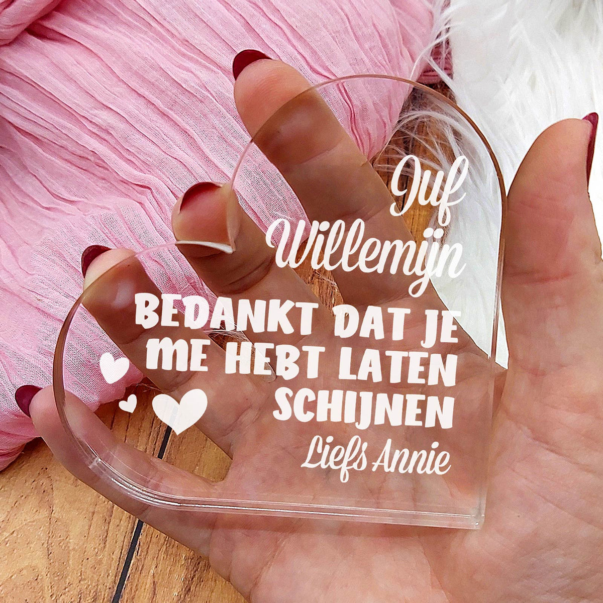 Juf, Bedankt Dat Je Me Hebt Laten Schijnen Hart van Plexi Glas - Bella Mia