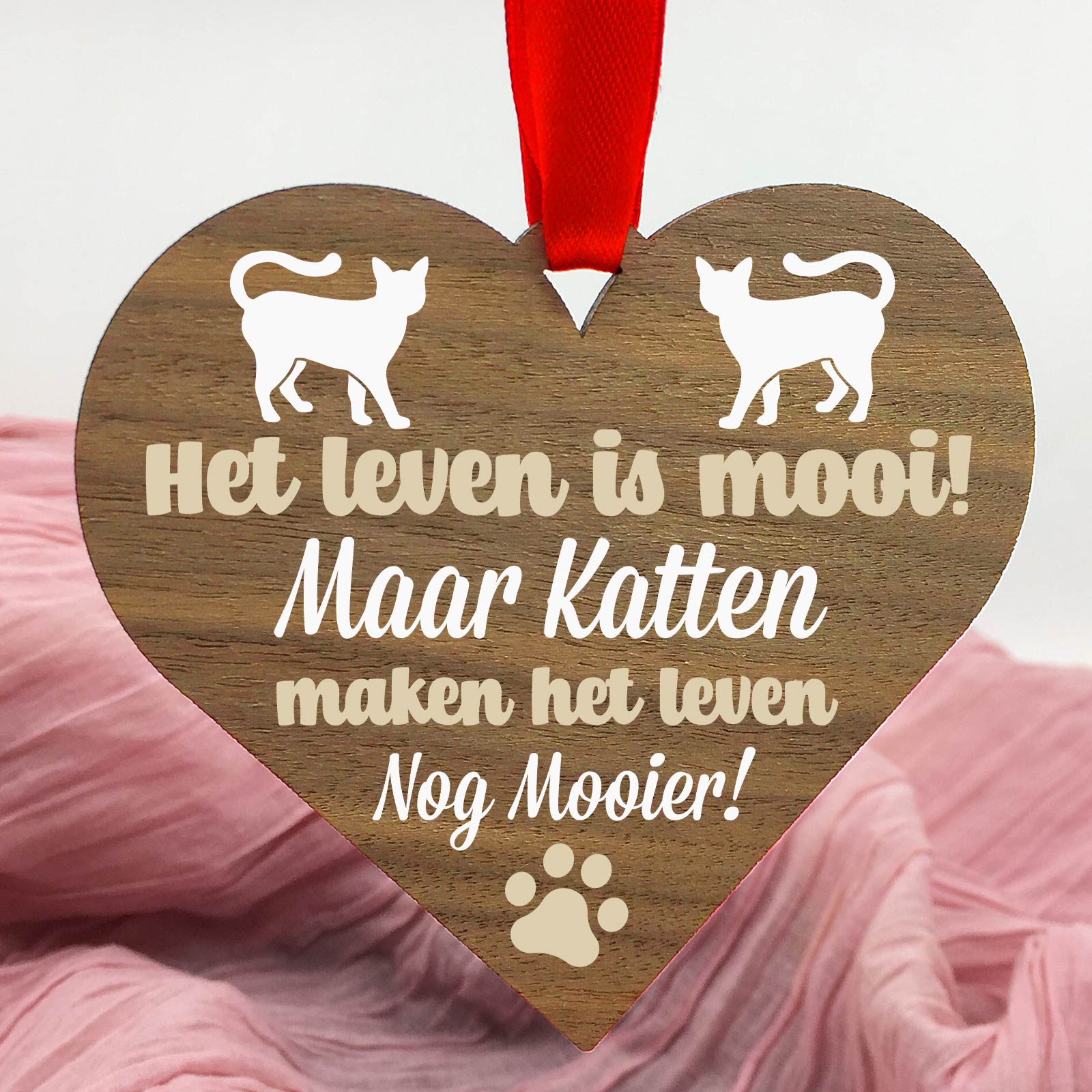 Katten maken het leven mooier - Hart van walnoot hout - Bella Mia