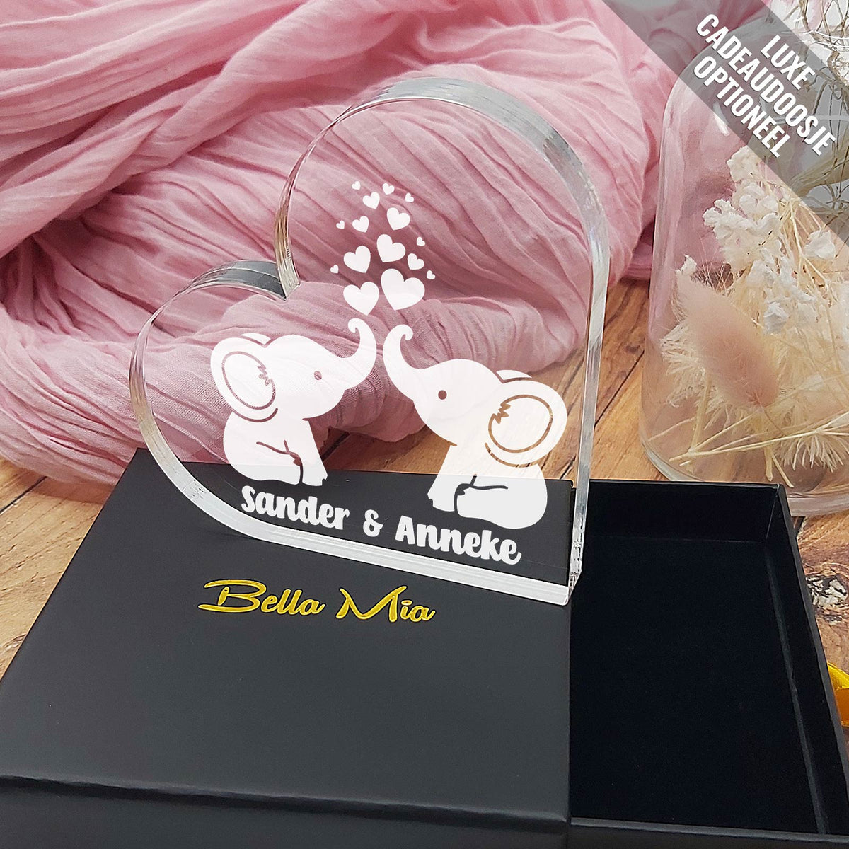 Liefdesolifantjes Hart van Plexi Glas - Bella Mia