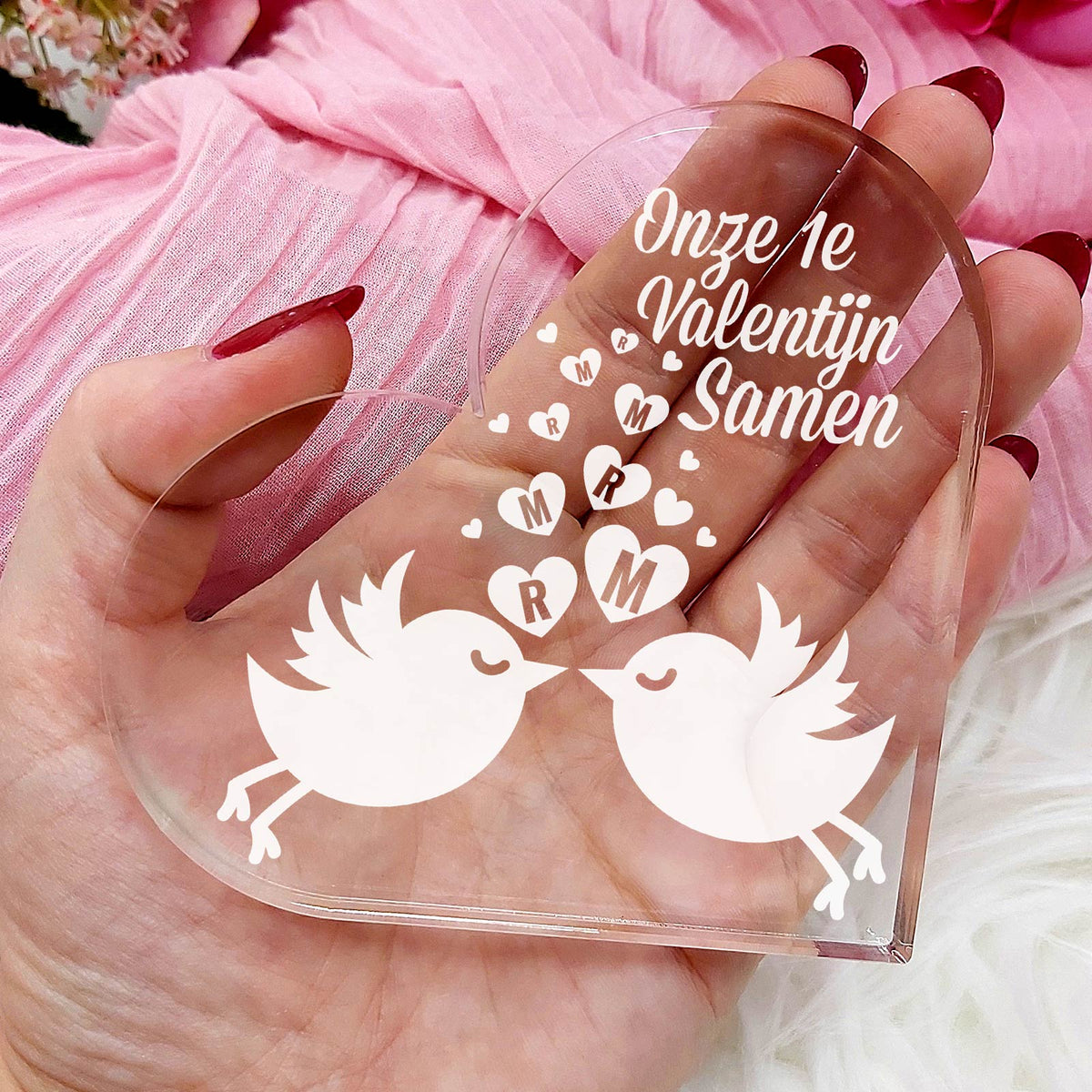 Lovebirds met Initialen Hart van Plexi Glas - Bella Mia