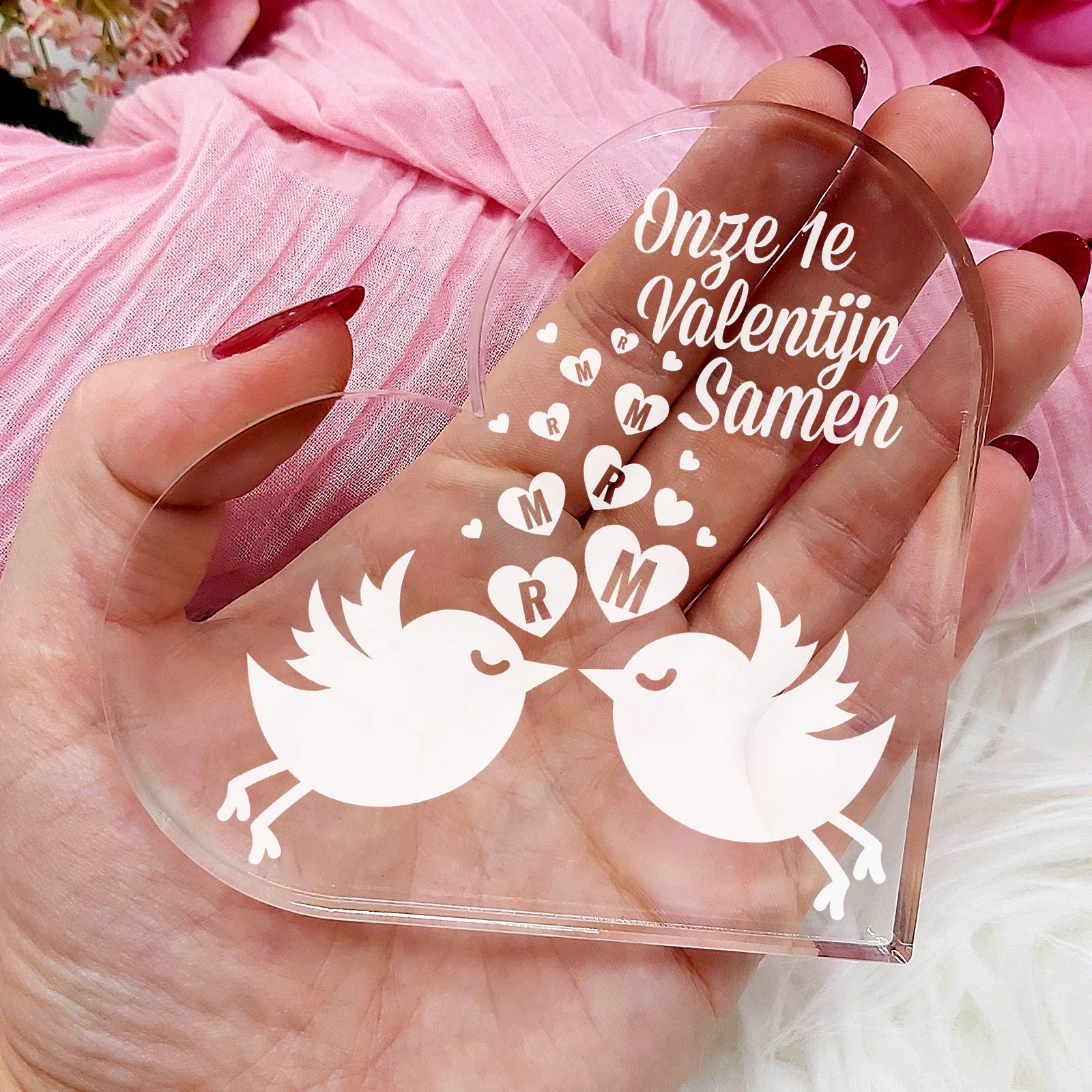 Lovebirds met Initialen Hart van Plexi Glas - Bella Mia