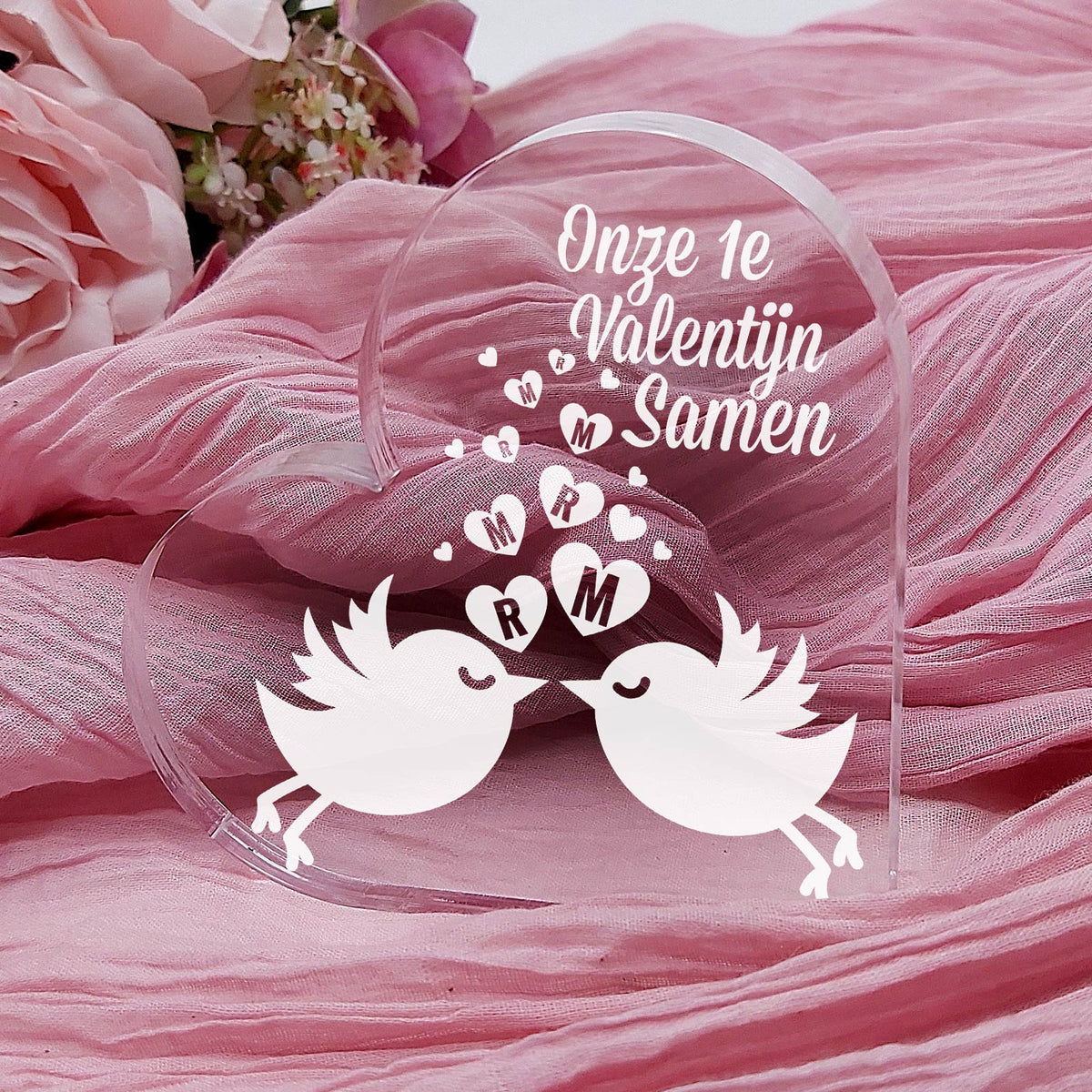 Lovebirds met Initialen Hart van Plexi Glas - Bella Mia