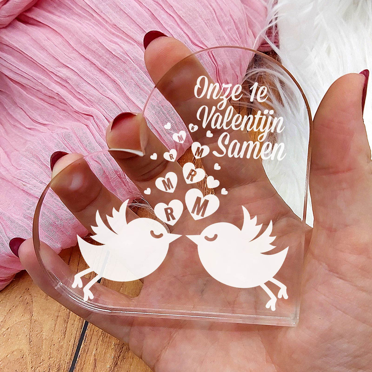 Lovebirds met Initialen Hart van Plexi Glas - Bella Mia