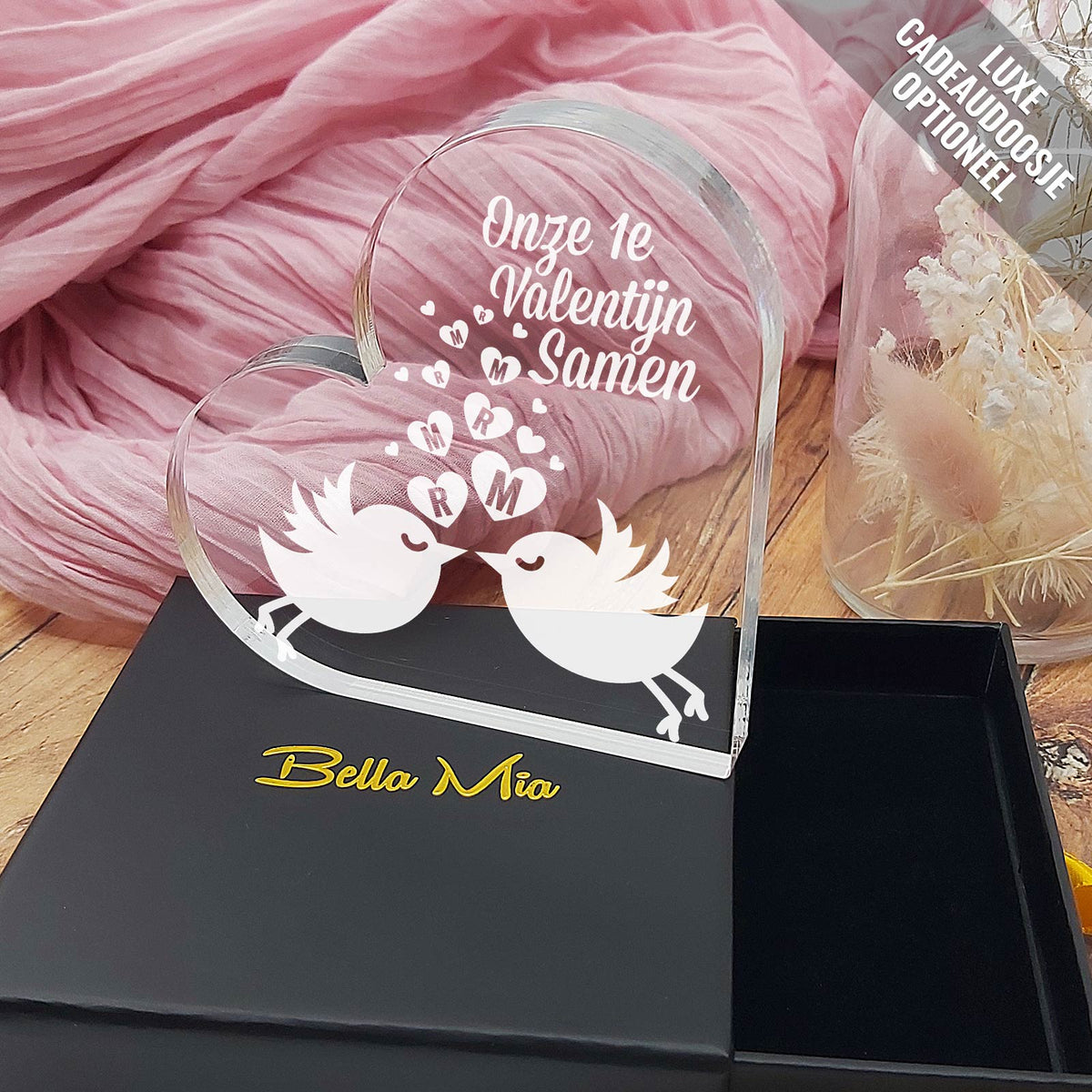 Lovebirds met Initialen Hart van Plexi Glas - Bella Mia