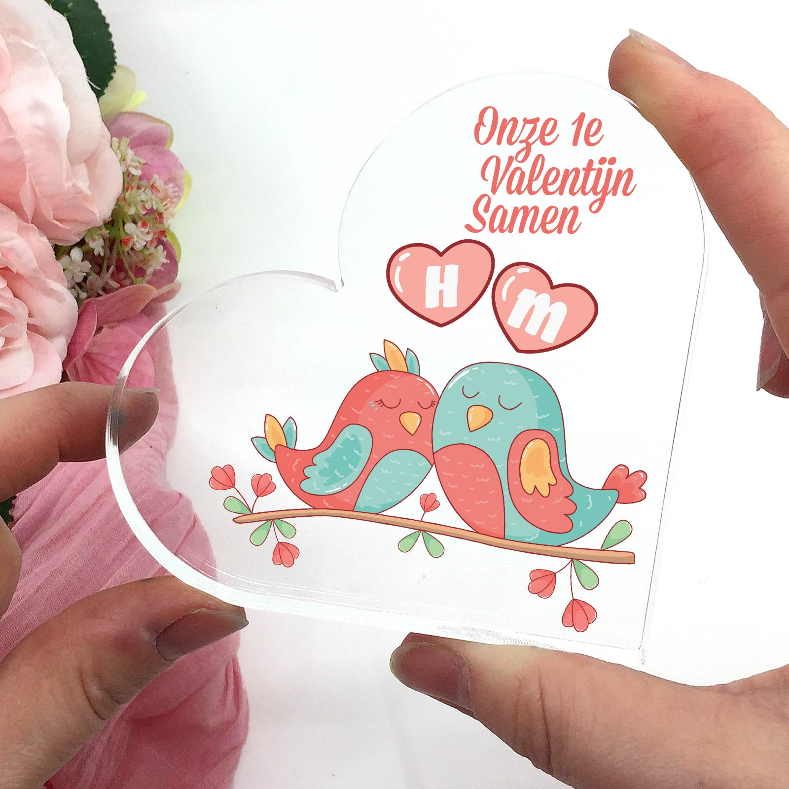 Lovebirds met Initialen - Plexi Glas Hart - Bella Mia