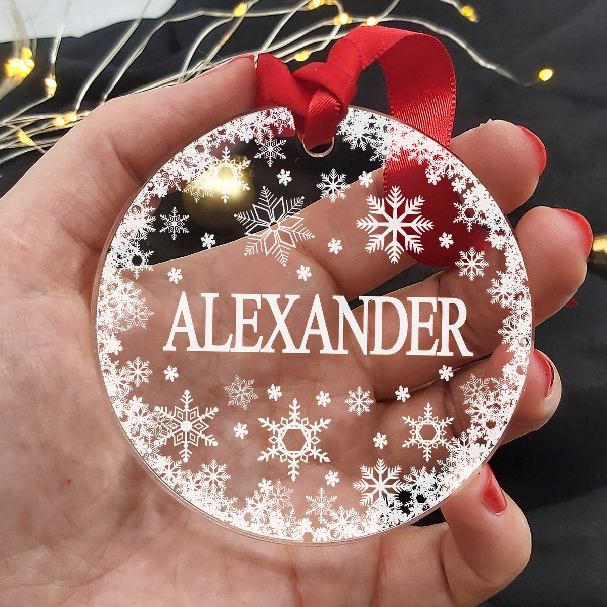 Sneeuwvlokjes Plexiglas Kerstballen met eigen naam - Bella Mia