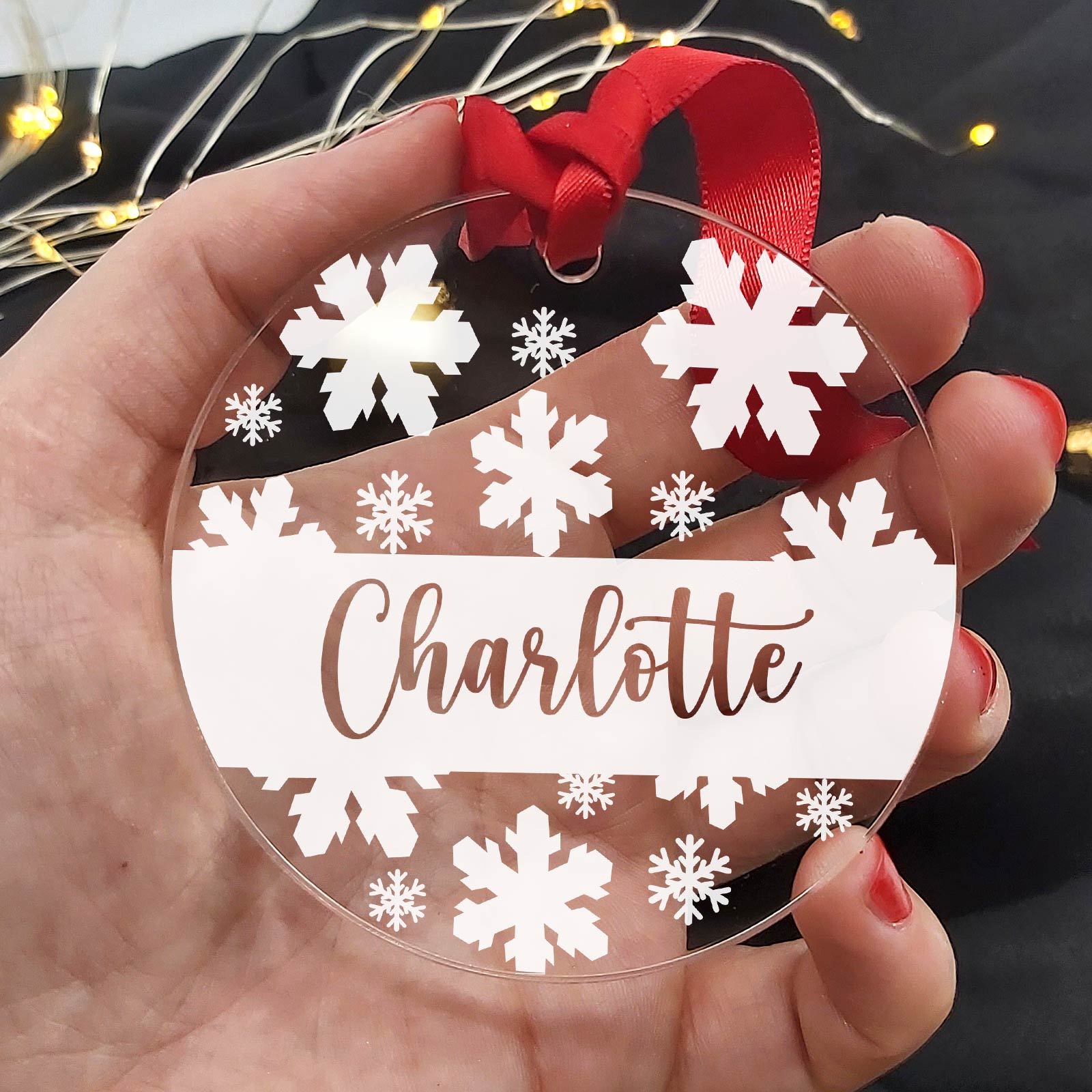 Sneewvlokken met eigen naam Plexiglas Kerstbal - Bella Mia