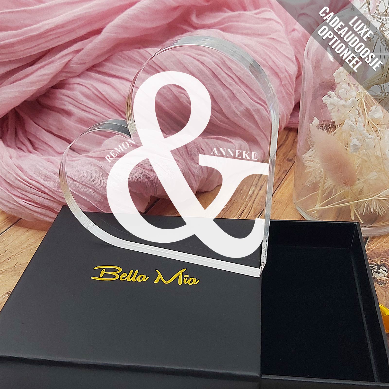 Valentijnshart met Namen - Hart van Plexi Glas - Bella Mia