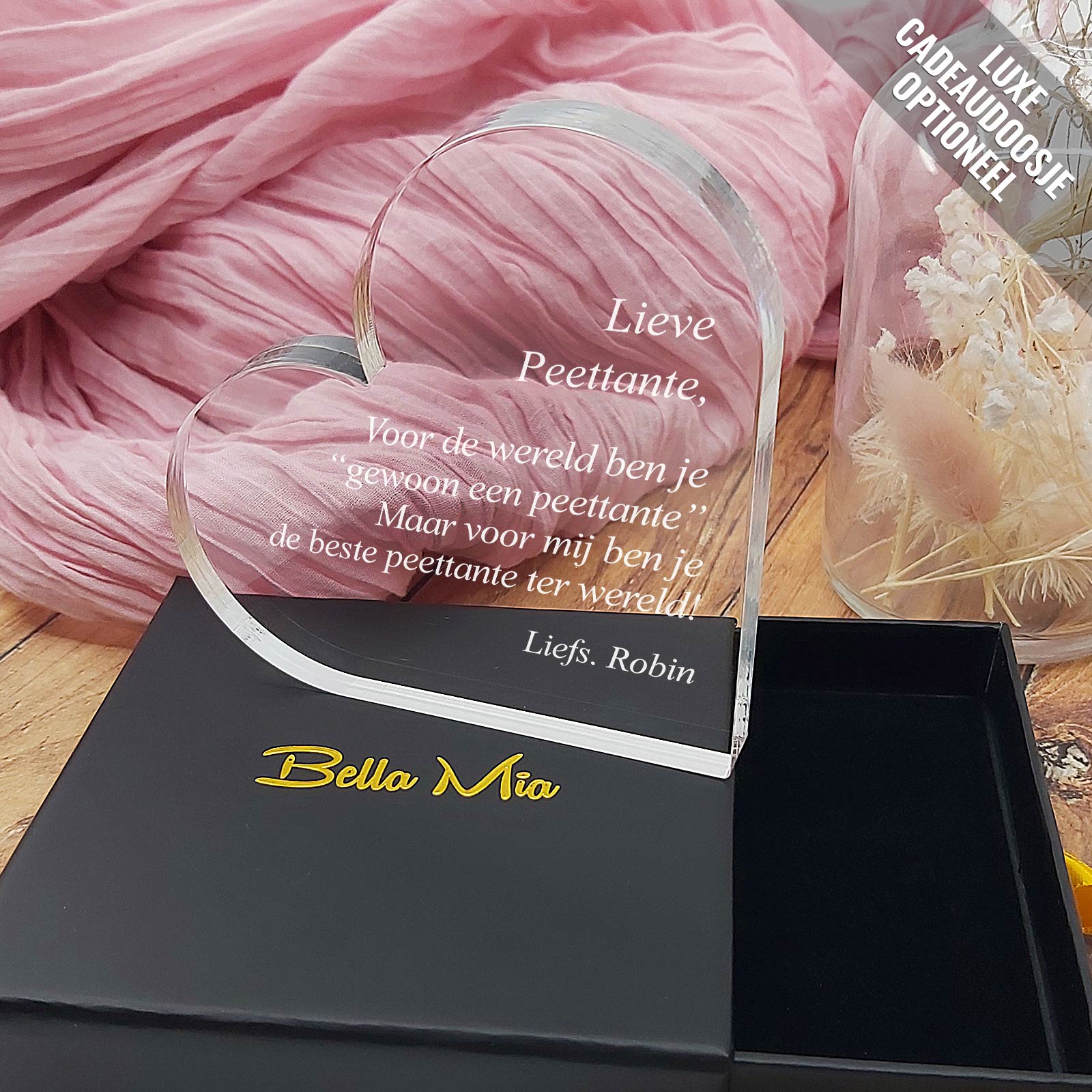 Voor Mij, Gewoon Een Peettante - Peetante Hart van Plexi Glas - Bella Mia